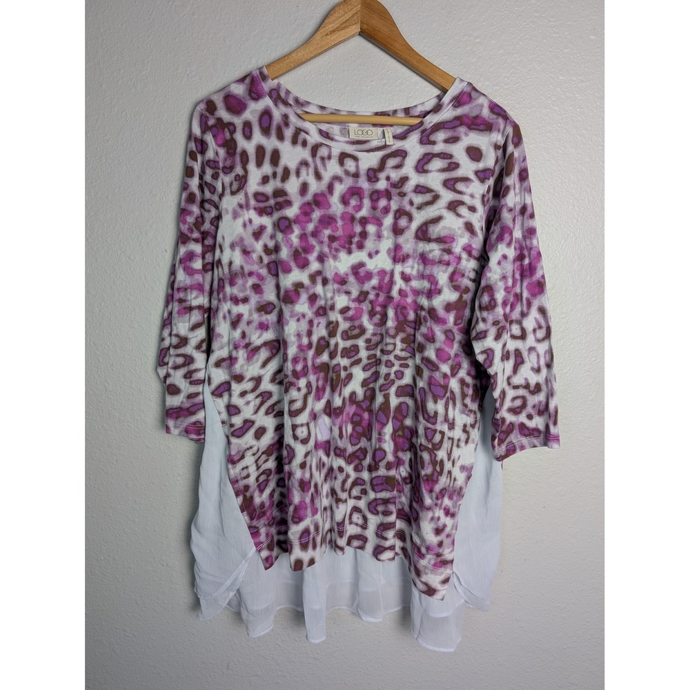 LOGO By Lori Goldstein Blouse Womens XL‎ Pink Animal Print Tunic 3/4 Sleeve